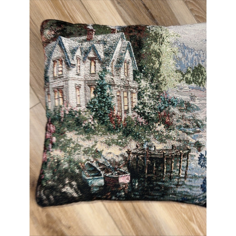 Vintage Embroidered‎ Tapestry Pillow Scenic Cottage Core